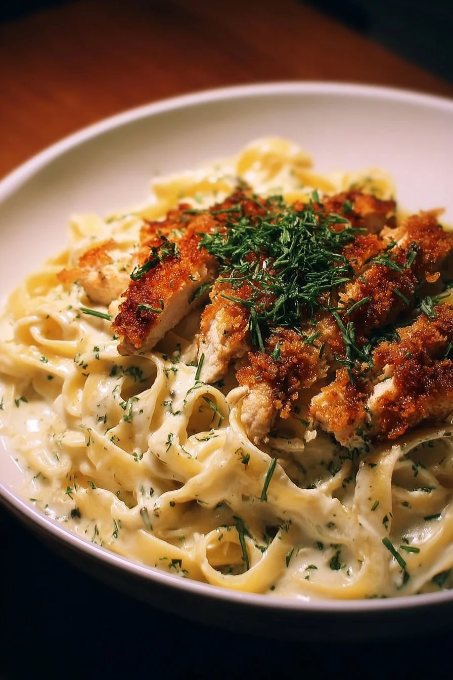 Plate of crispy chicken fettuccine alfredo with creamy sauce and parsley