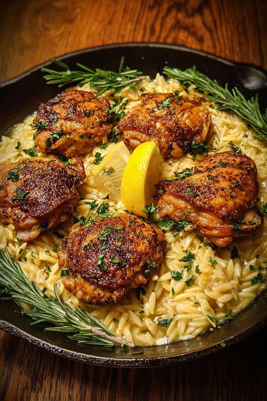 Crispy Chicken Thighs with Creamy Lemon Orzo 2 Crispy chicken thighs served with creamy lemon orzo on a plate