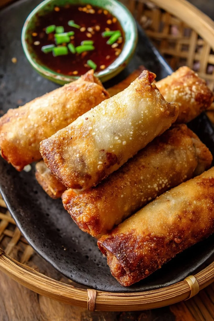 Crispy Oven Baked Egg Rolls 2 Crispy oven baked egg rolls filled with vegetables and served on a plate