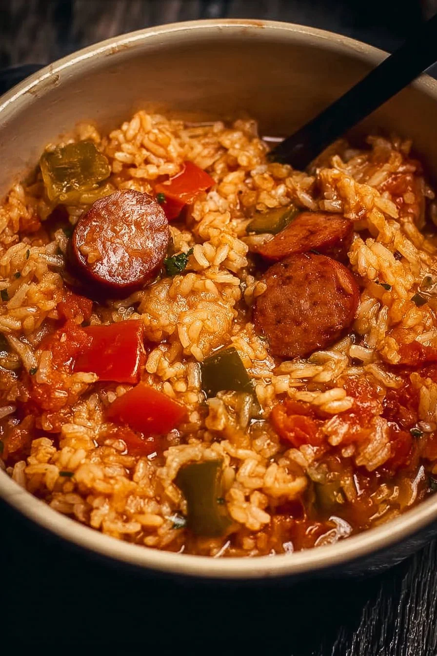 Delicious and hearty Crock Pot Jambalaya with shrimp, sausage, and rice