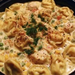 Crockpot cheddar chicken pot pie with tortellini served in a bowl.