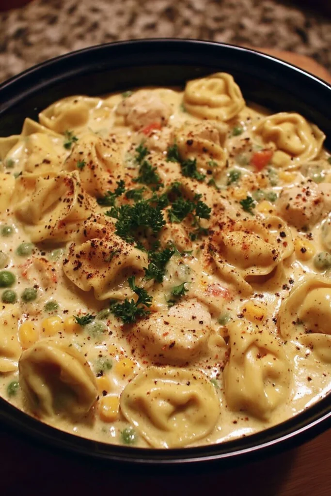 Crockpot cheddar chicken pot pie with tortellini served in a bowl.