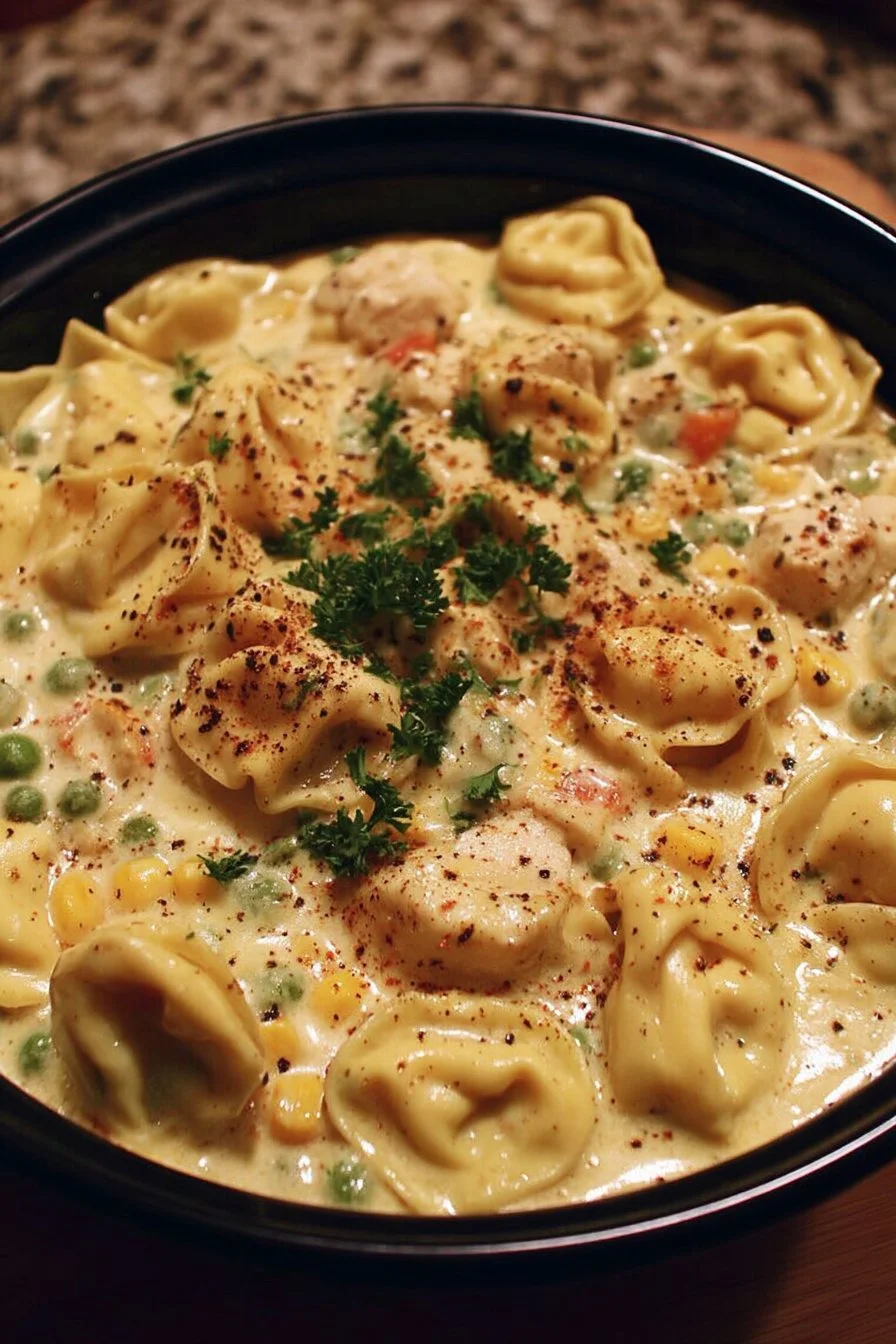 Crockpot cheddar chicken pot pie with tortellini served in a bowl.