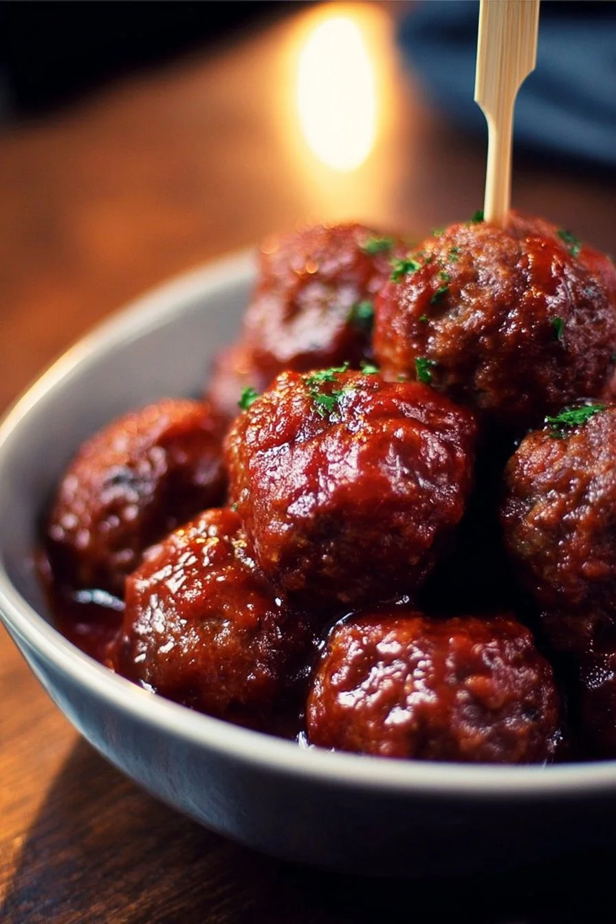Crockpot Cocktail Meatballs 2 Crockpot cocktail meatballs served in a bowl with sauce