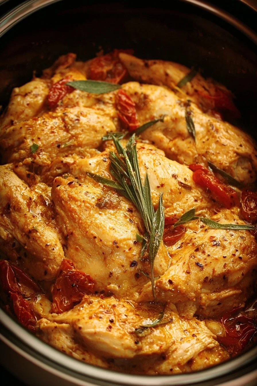 Crockpot Marry Me Chicken dish with creamy sauce and herbs in a slow cooker.