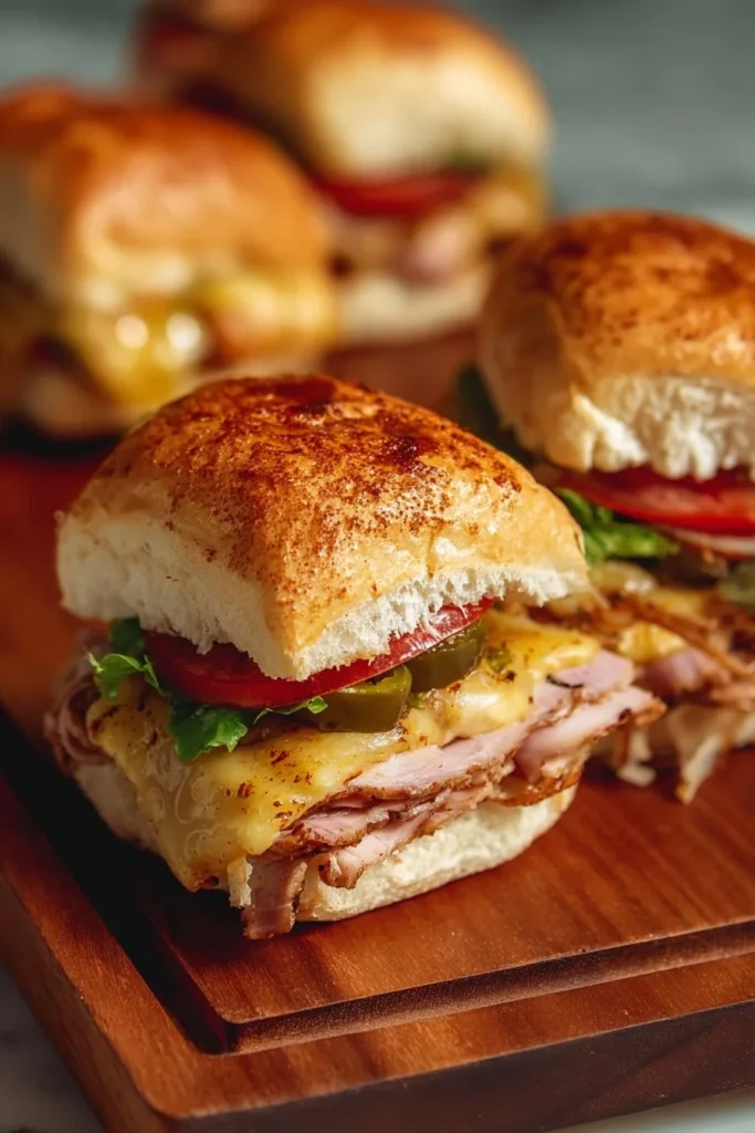 Cuban sliders loaded with pulled pork, ham, and melted cheese on soft buns