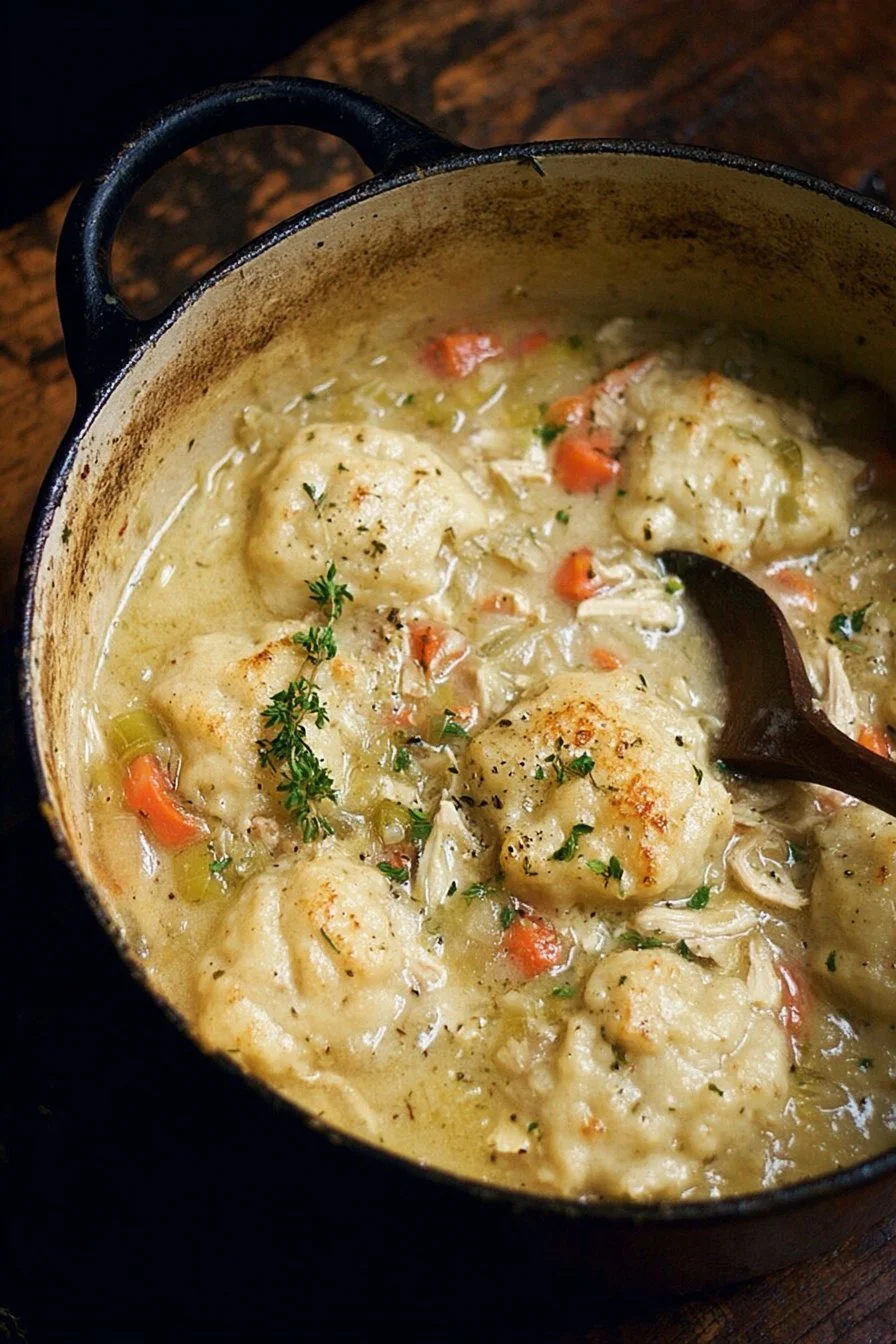 Delicious Dutch Oven Chicken and Dumplings served in a rustic bowl