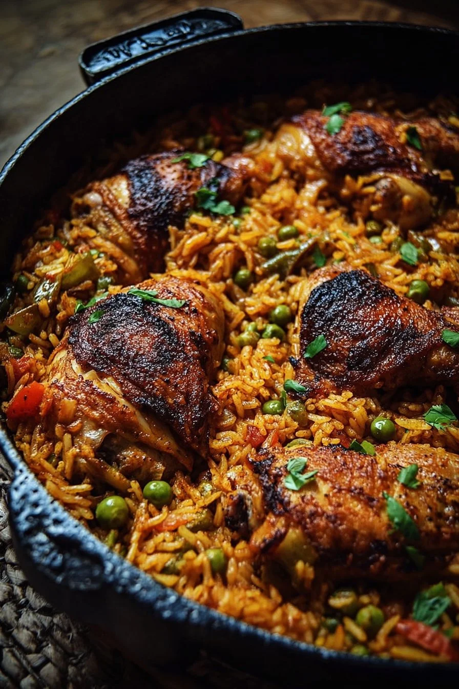 Delicious Dutch Oven Chicken and Rice cooked to perfection in a cast iron pot