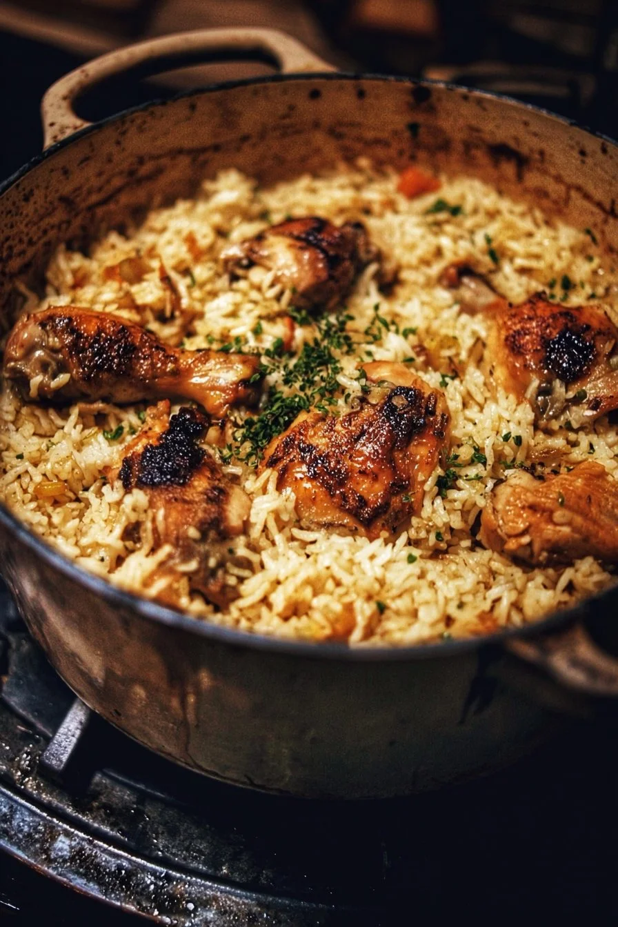 Dutch Oven Chicken and Rice 2 Dutch Oven Chicken and Rice dish served in a cast iron pot