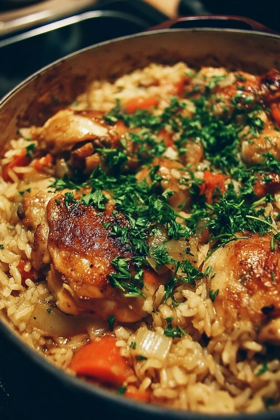 Delicious Dutch Oven Chicken and Rice served in a rustic dish