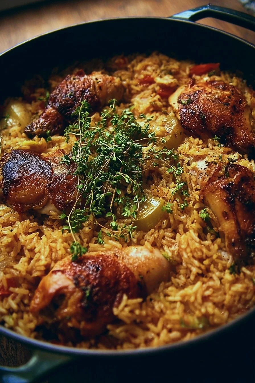 Dutch Oven Chicken and Rice dish with herbs and spices