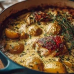 Dutch Oven Creamy Ranch Chicken with Potatoes cooked in a creamy sauce