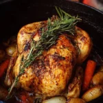 Delicious Dutch Oven roast chicken, seasoned and golden brown