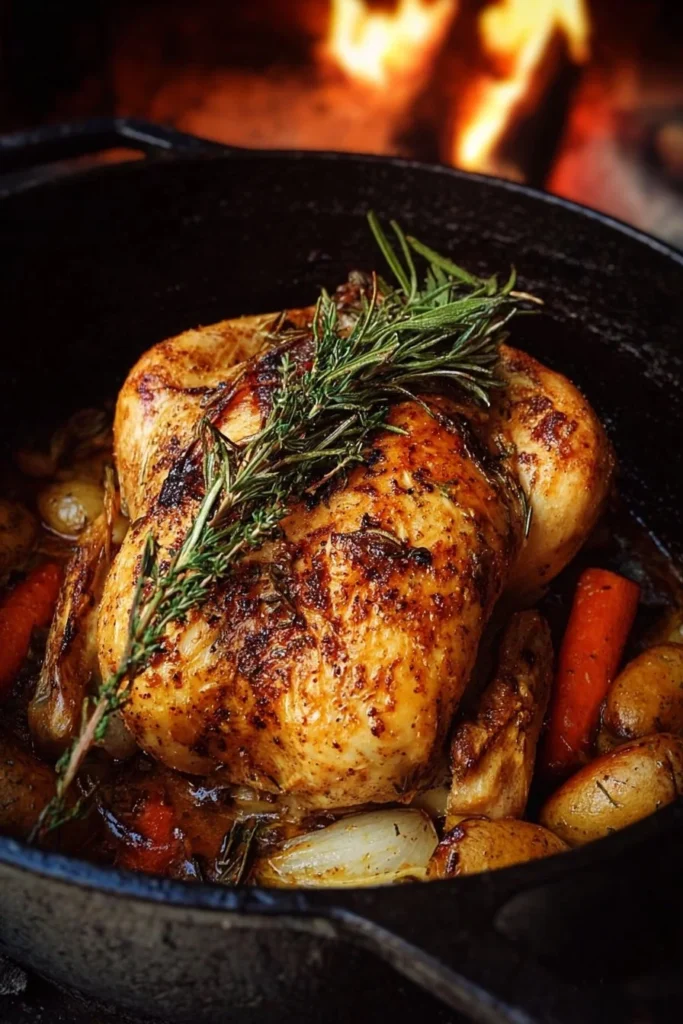 Delicious Dutch Oven roast chicken, seasoned and golden brown