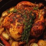Golden brown Dutch Oven Roast Chicken served with vegetables