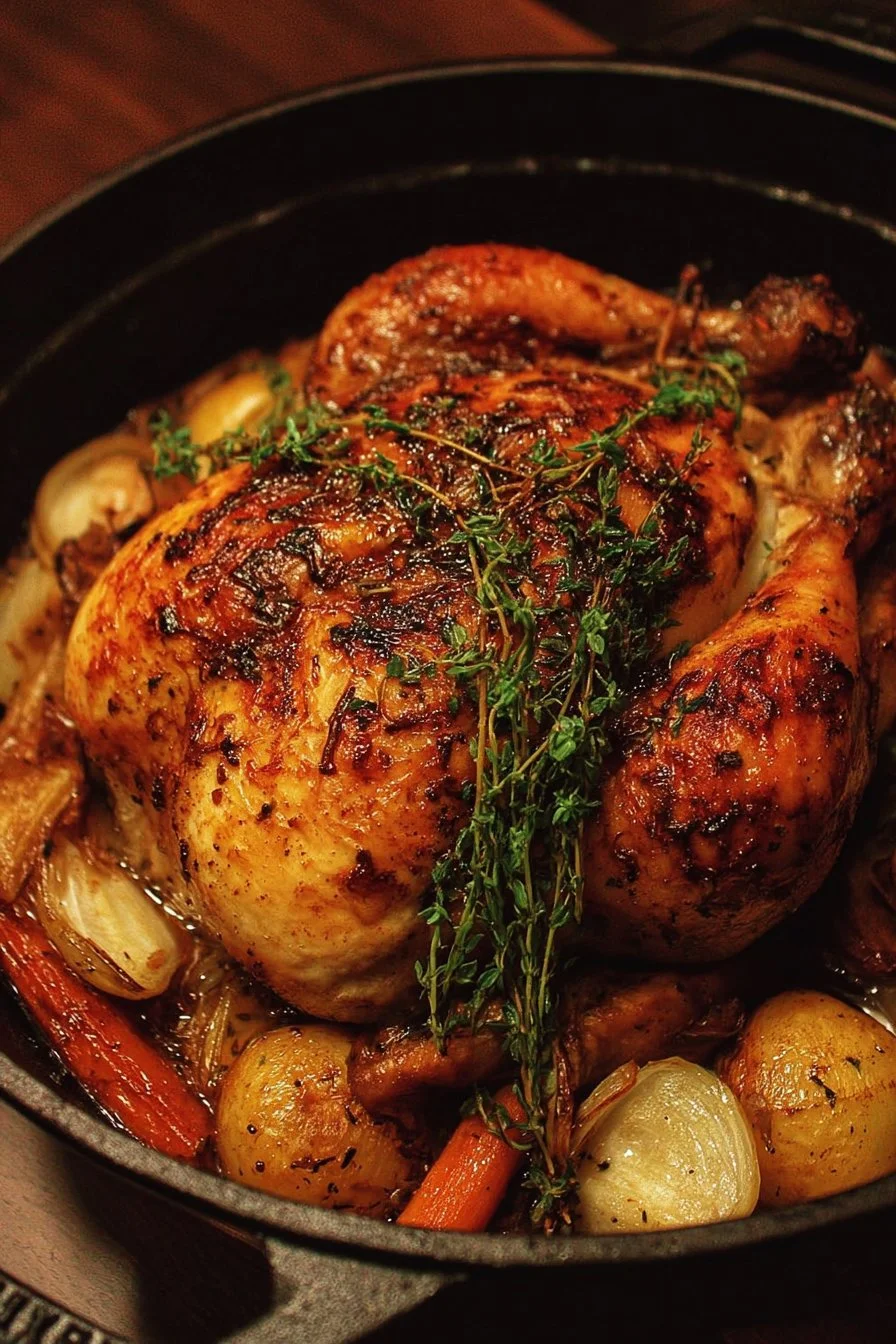 Dutch Oven Roast Chicken 2 Golden brown Dutch Oven Roast Chicken served with vegetables