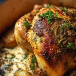 Dutch oven roast chicken served with creamy garlic herb sauce