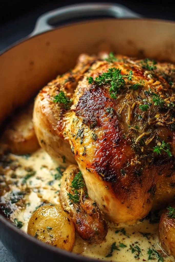 Dutch oven roast chicken served with creamy garlic herb sauce