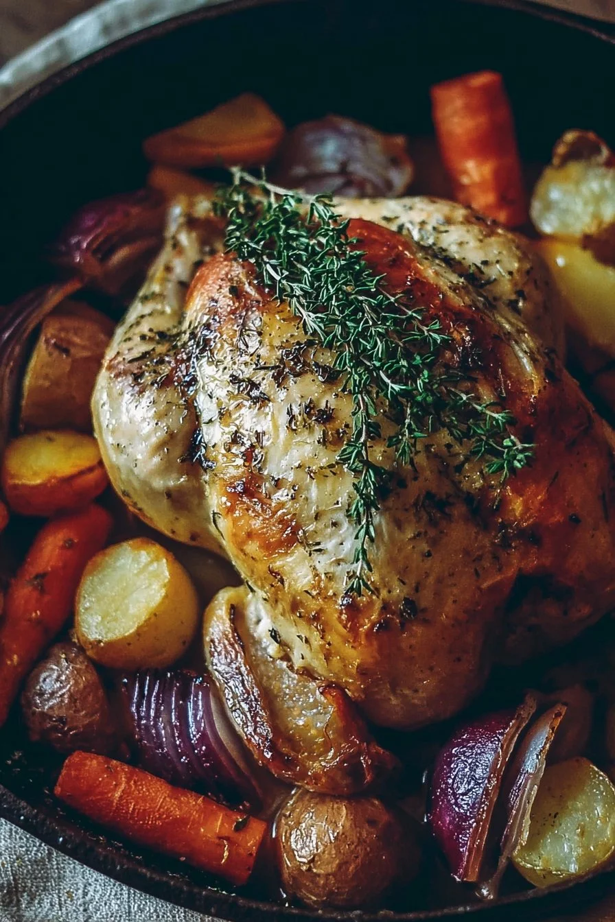 Dutch Oven Roast Chicken with Root Vegetables served on a rustic table