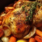 Succulent Dutch Oven Roast Chicken with colorful root vegetables in a pot