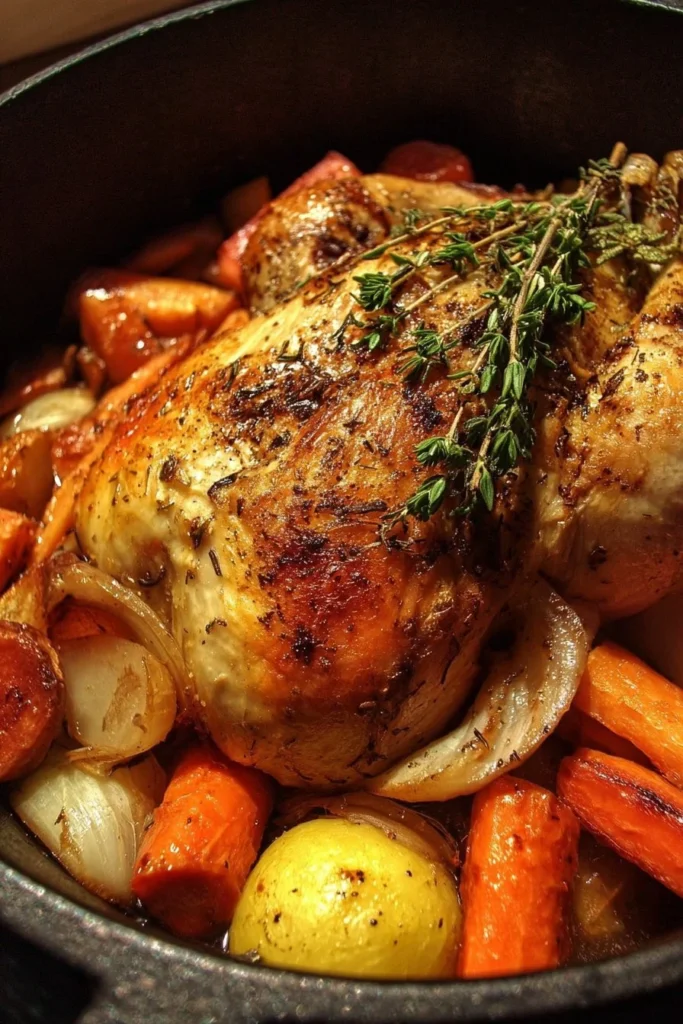 Succulent Dutch Oven Roast Chicken with colorful root vegetables in a pot