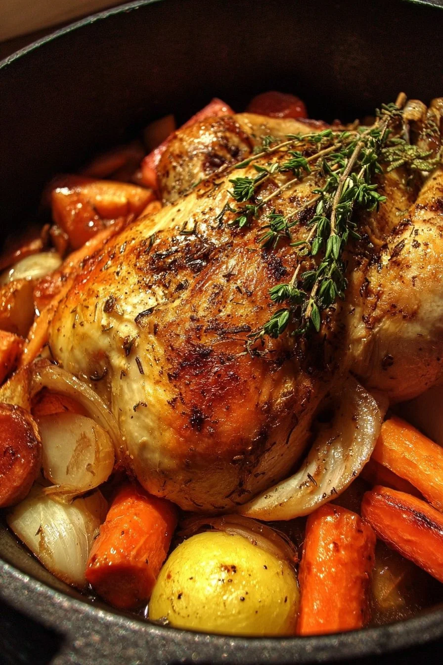 Succulent Dutch Oven Roast Chicken with colorful root vegetables in a pot