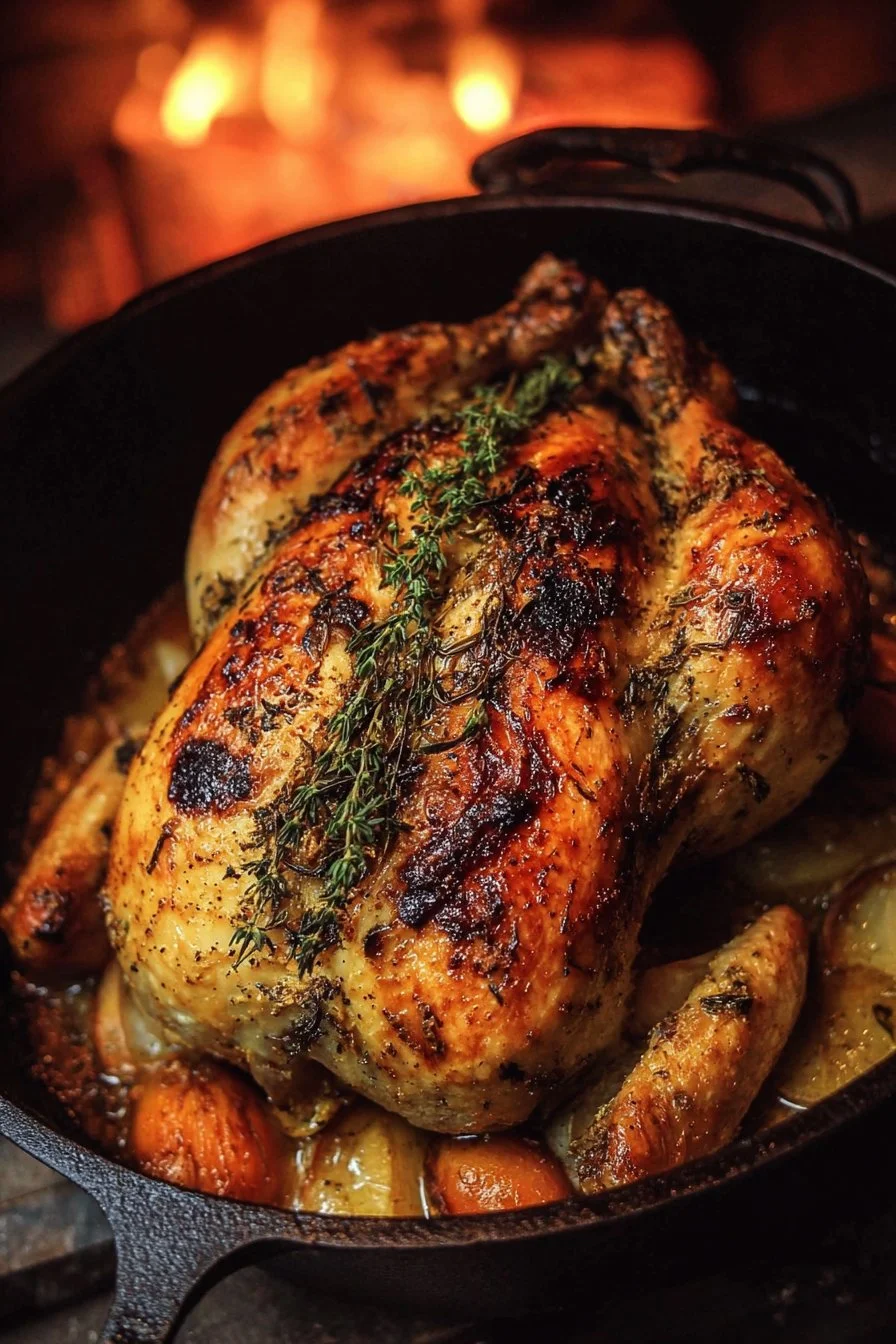Delicious Dutch Oven roasted chicken with golden skin and herbs