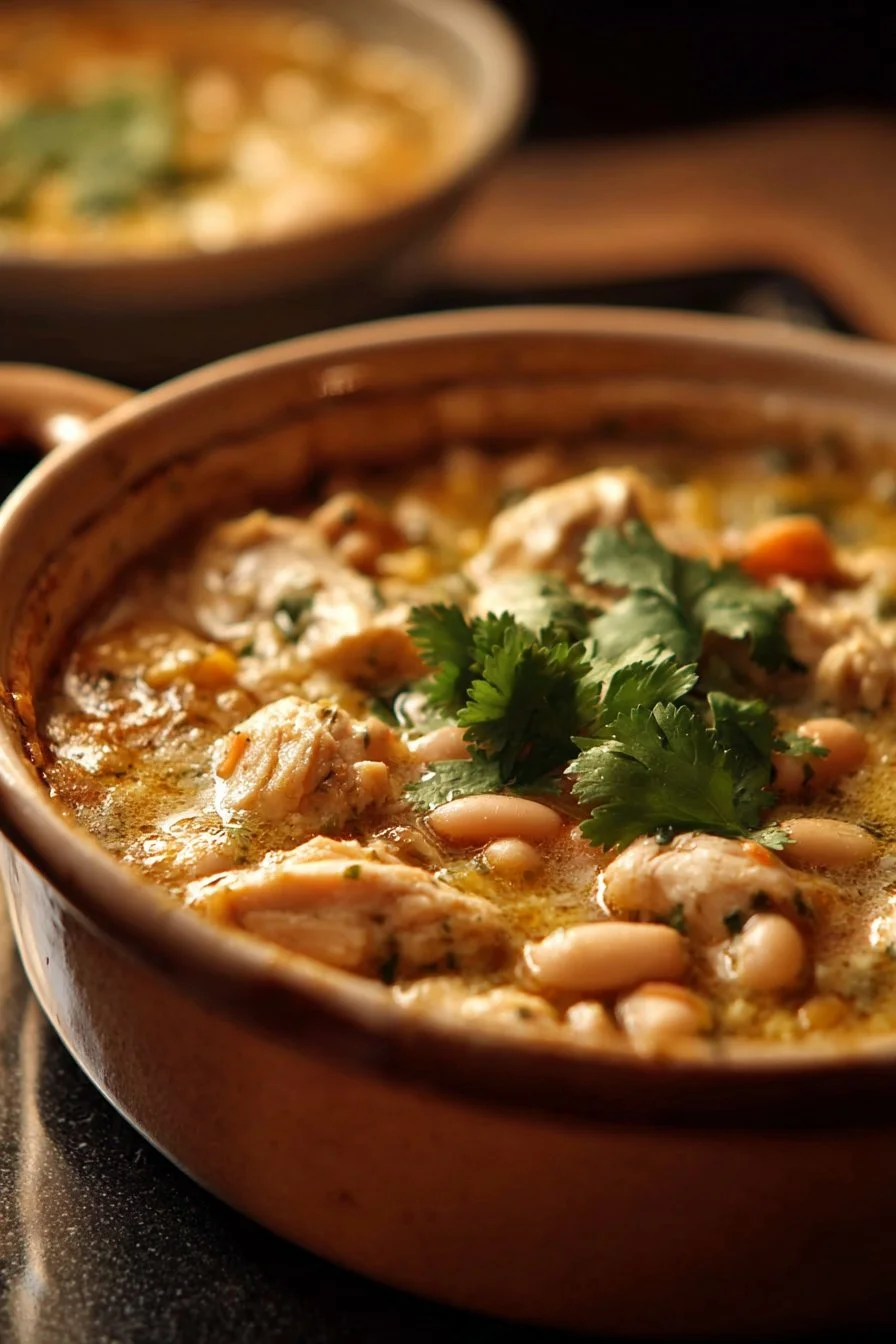 A bowl of creamy Dutch Oven White Chicken Chili garnished with cilantro.