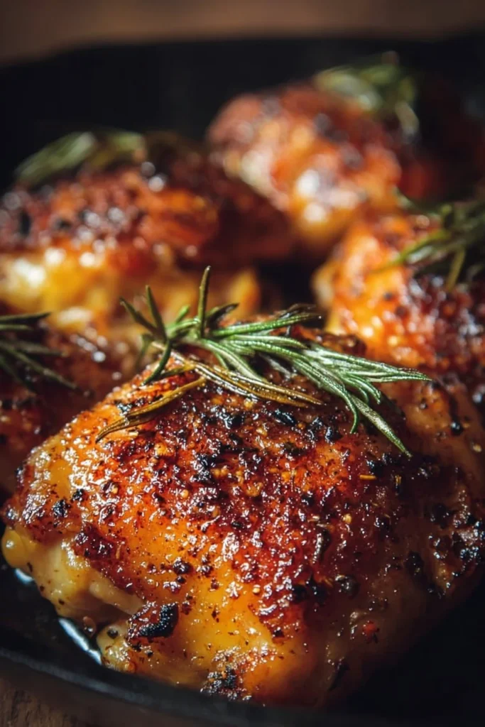 Golden brown baked chicken thighs on a plate with herbs and spices