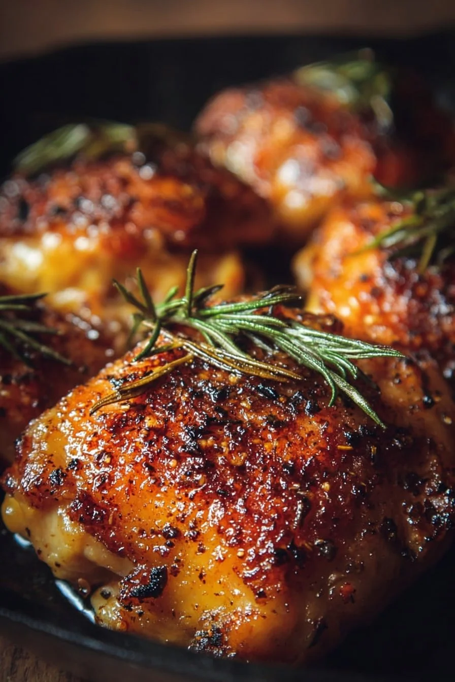 Golden brown baked chicken thighs on a plate with herbs and spices