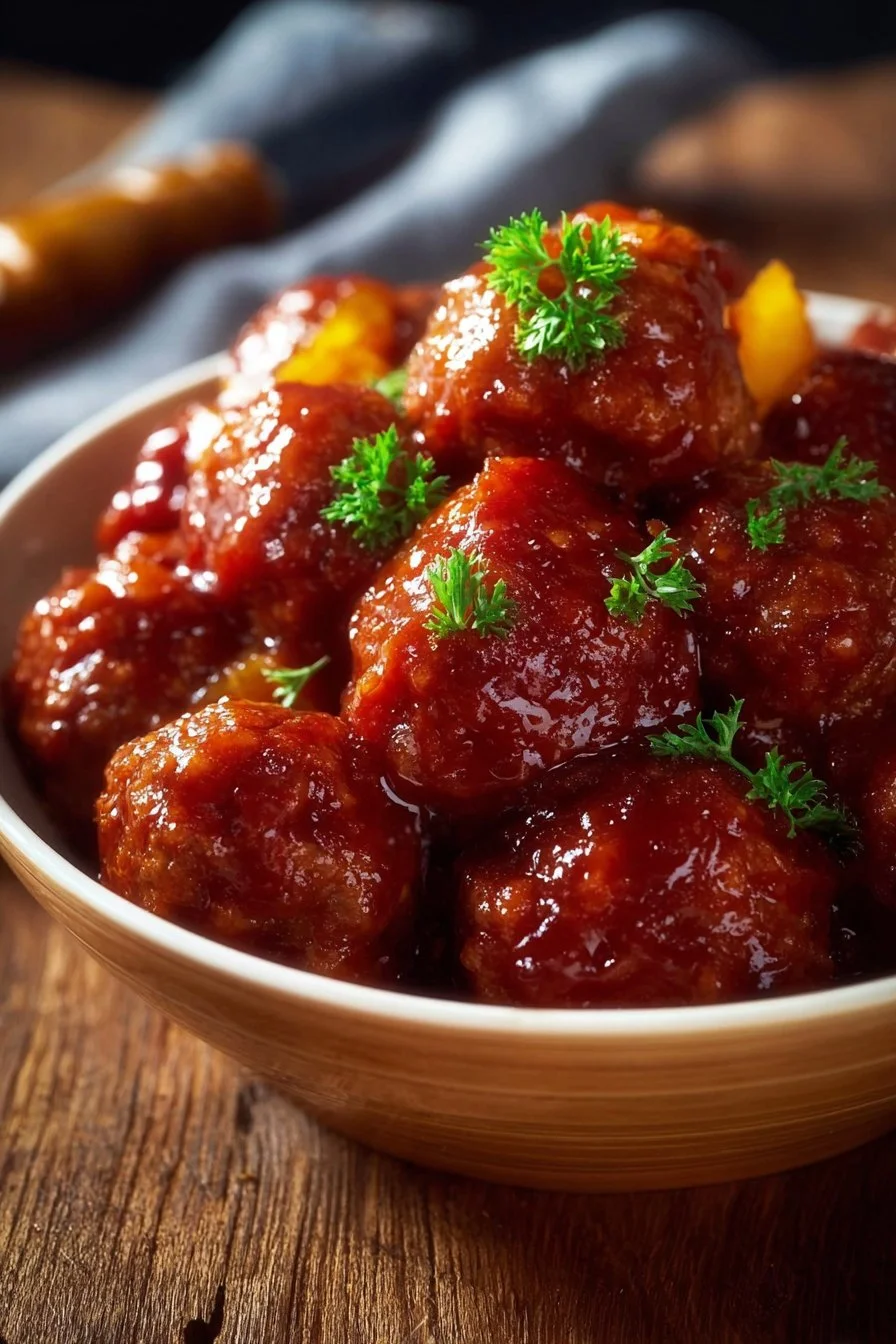 Crockpot Pineapple BBQ Meatballs served in a bowl with a side of pineapple slices.