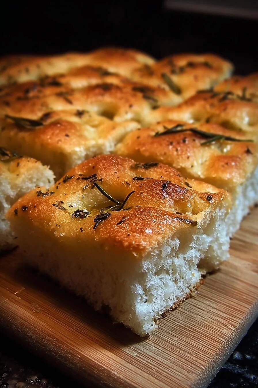 Homemade easy focaccia bread topped with herbs and olive oil