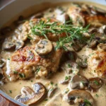 Creamy garlic chicken with mushrooms served on a plate