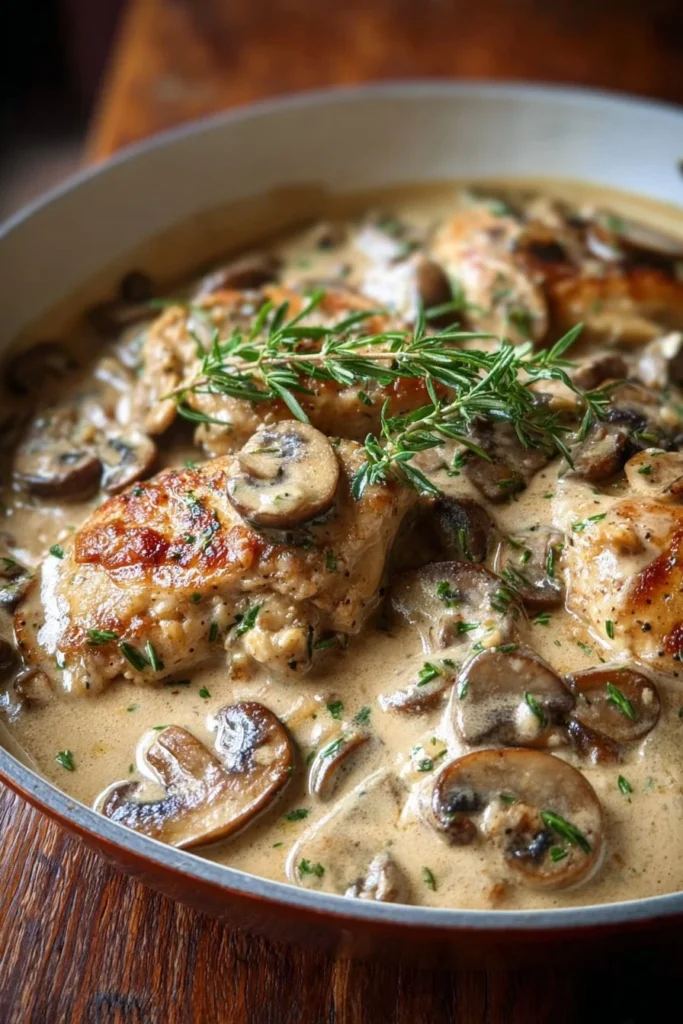 Creamy garlic chicken with mushrooms served on a plate