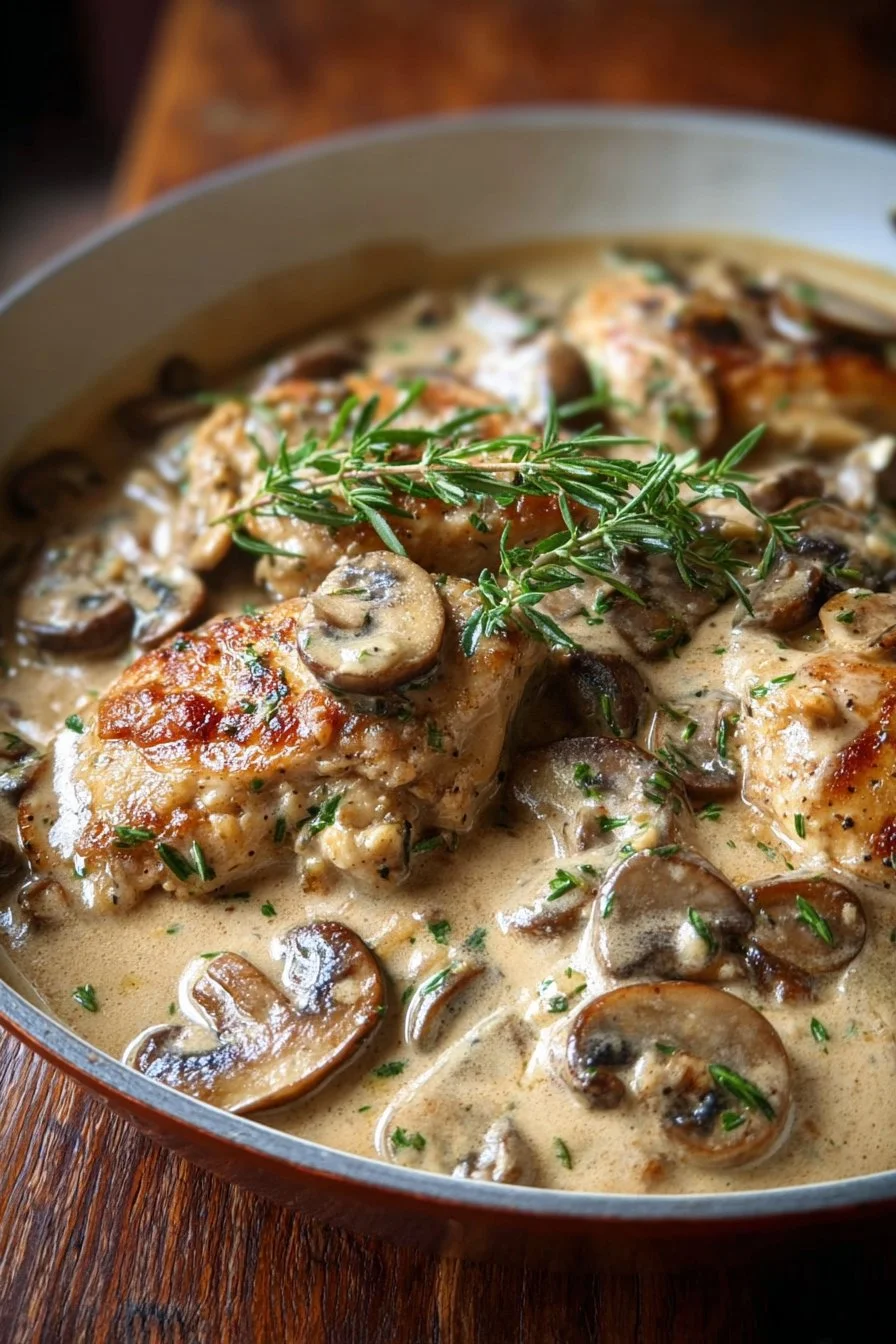 Creamy garlic chicken with mushrooms served on a plate