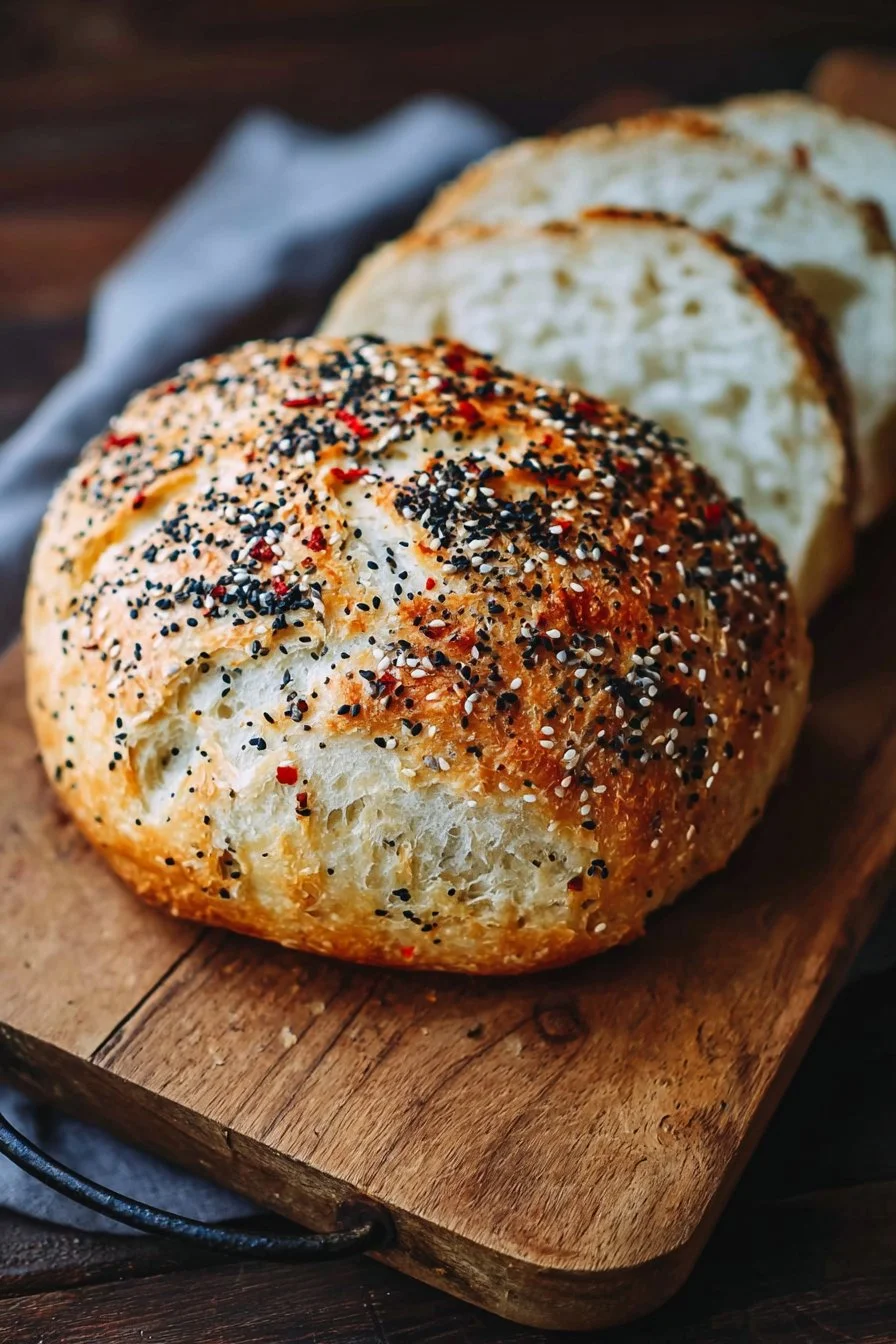 Loaf of Everything Bagel No-Knead Bread with toppings