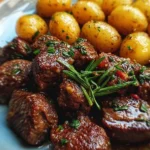 Garlic Butter Beef Bites with Baby Potatoes served on a plate