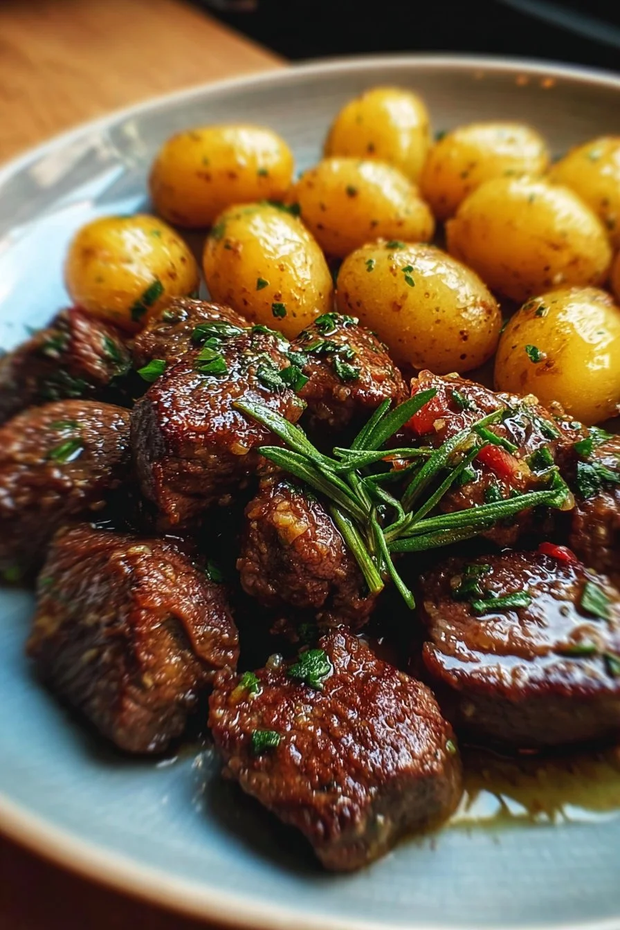 Garlic Butter Beef Bites with Baby Potatoes served on a plate