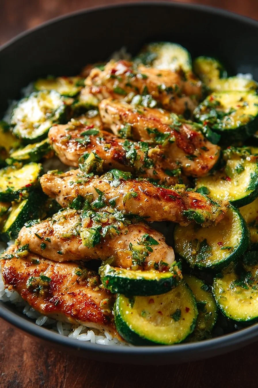 Plate of Garlic Butter Chicken served with sautéed zucchini