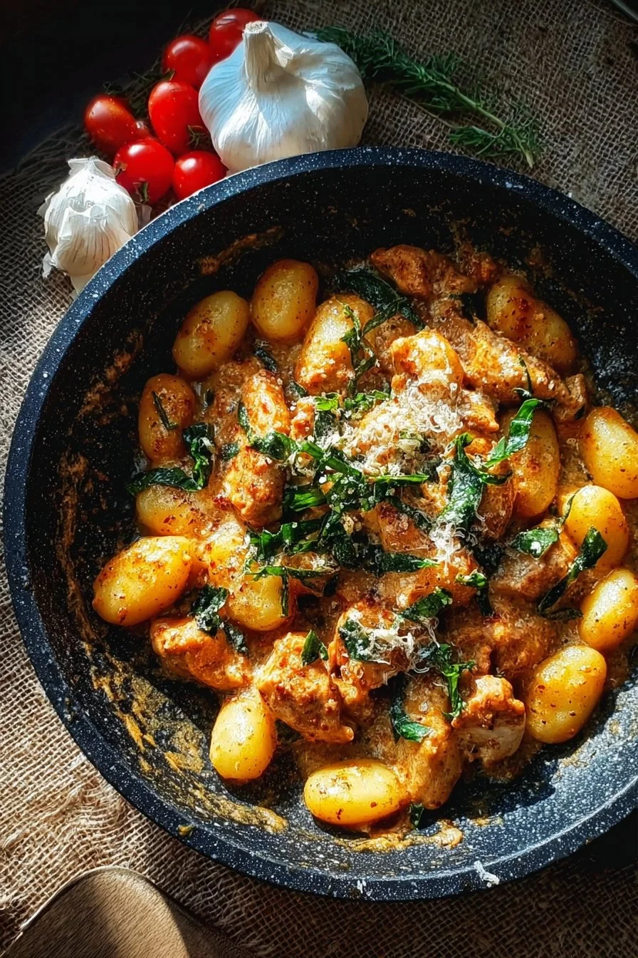 Garlic Chicken Gnocchi Skillet garnished with parsley in a skillet