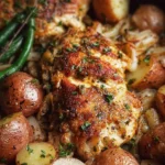 Delicious Garlic Parmesan Chicken and Potatoes Skillet served in a cast-iron pan.