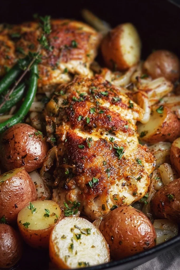 Delicious Garlic Parmesan Chicken and Potatoes Skillet served in a cast-iron pan.