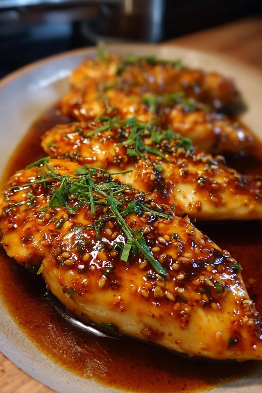 Honey Garlic Chicken Breasts 2 Honey Garlic Chicken Breasts served with vegetables on a plate