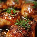 Honey Garlic Chicken Thighs glazed in a sweet and savory sauce, ready to serve.