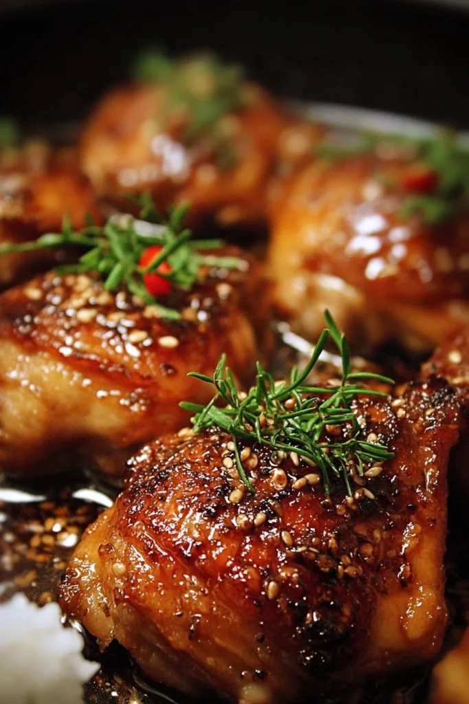 Honey Garlic Chicken Thighs glazed in a sweet and savory sauce, ready to serve.