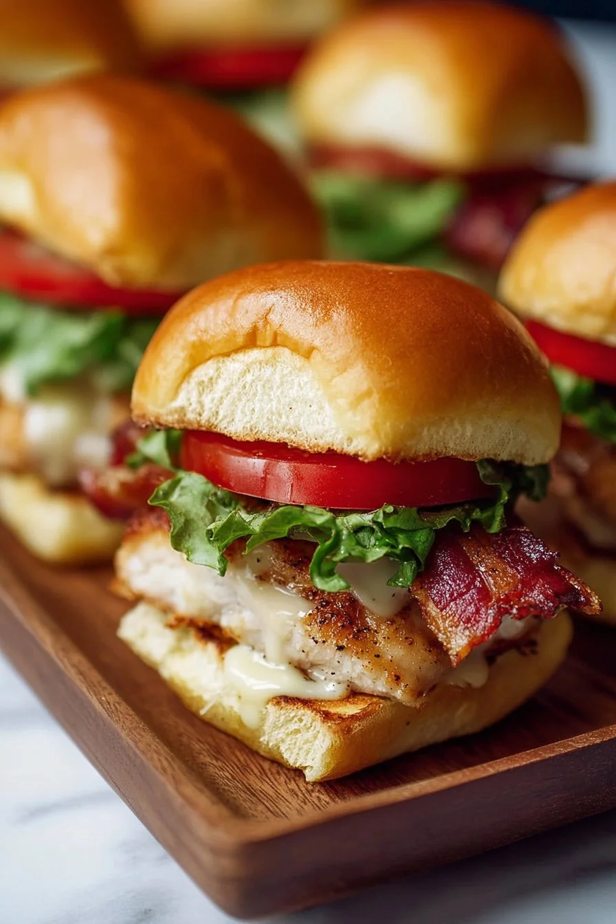 Honey Mustard BLT Chicken Sliders on a platter, garnished with fresh herbs.