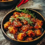 Delicious hot honey chicken bowl topped with spicy honey sauce and fresh vegetables.