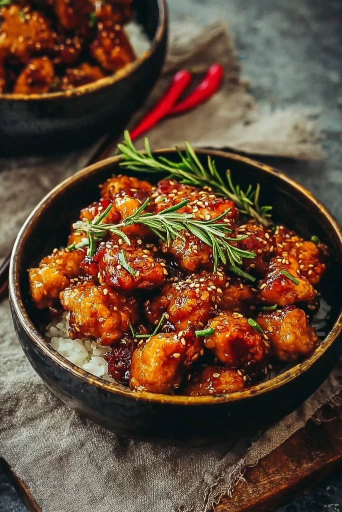 Delicious hot honey chicken bowl topped with spicy honey sauce and fresh vegetables.