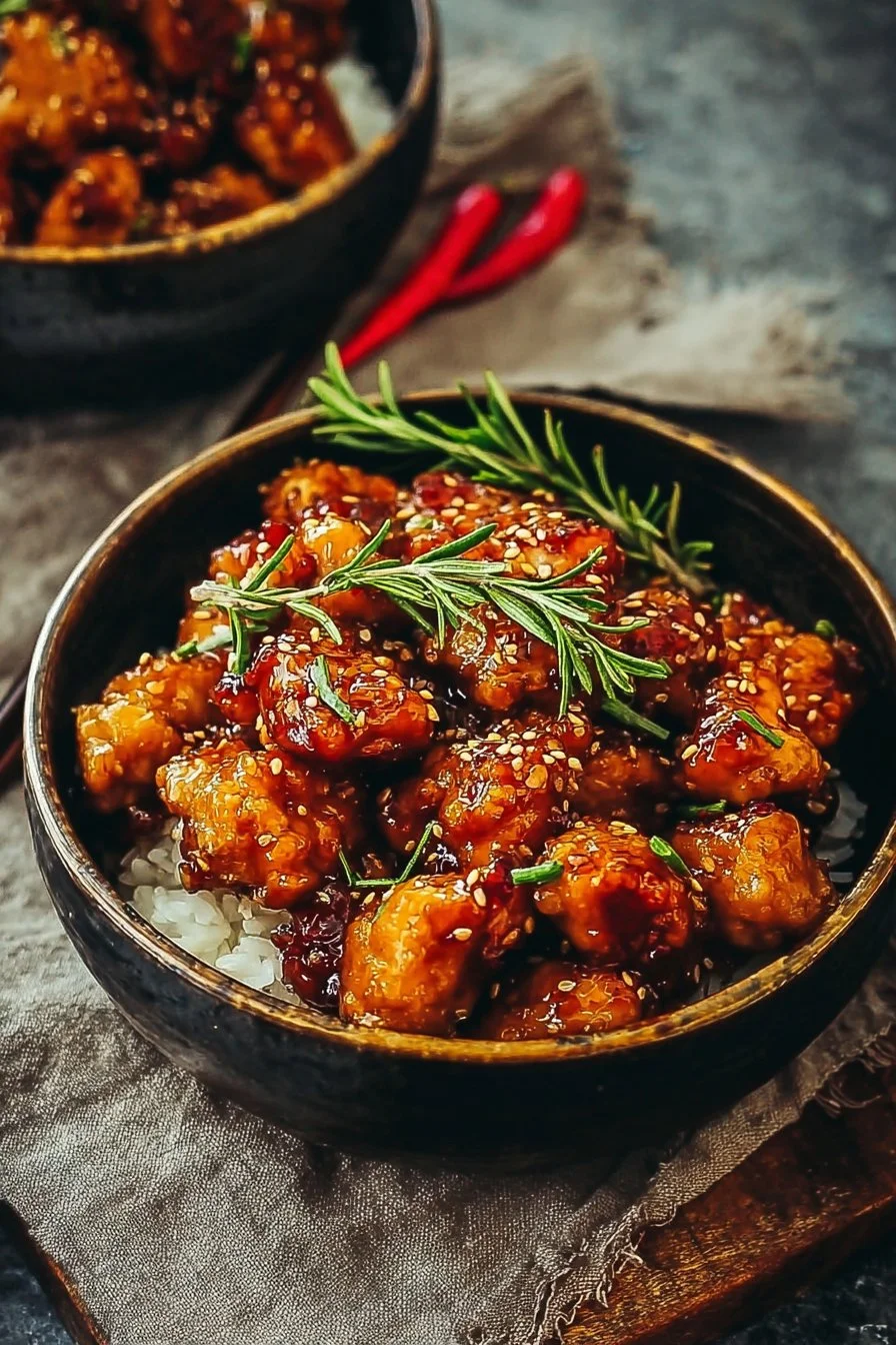 Delicious hot honey chicken bowl topped with spicy honey sauce and fresh vegetables.