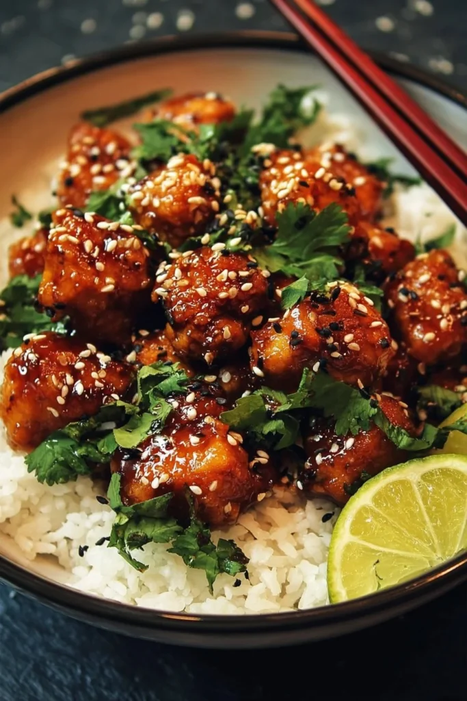 Delicious hot honey chicken bowl with colorful vegetables and rice